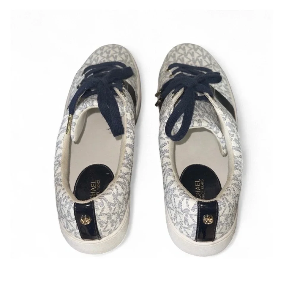 Michael‎ Kors Women's MK Signature Logo Low Top Sneakers White Navy Size 9.5